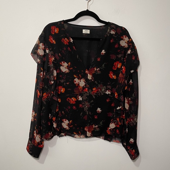 Aritzia Wilfred Women's black red floral ruffle long sleeve nadine blouse in M - Picture 2 of 8